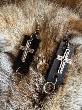 OOAK Black Dangle Earrings with Silver Cross
